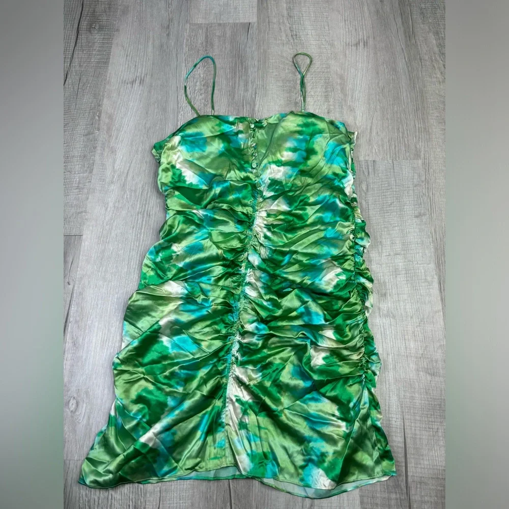GANNI Silk Stretch Satin Ruched Mini Dress Lily Green Size 44 or US Large - Picture 10 of 16